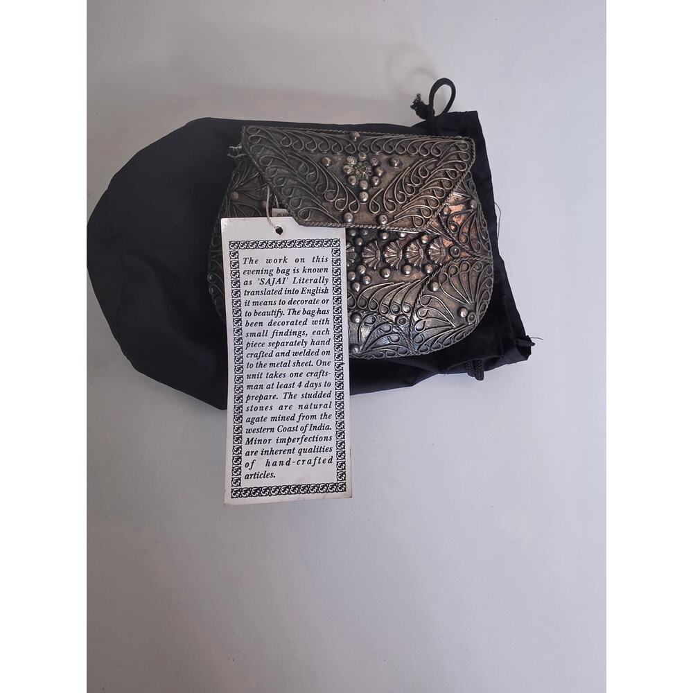 Vintage Sajai India Metal Agate Evening Bag Silver Fi… - Gem